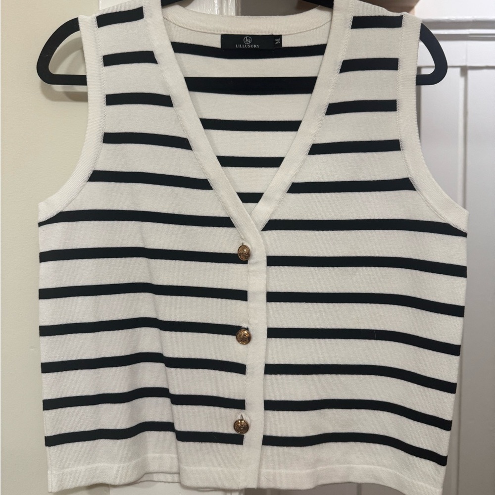 Black and White Striped Button-Up Sleeveless Cardigan - M